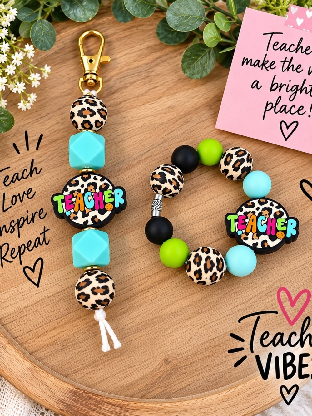 Teacher Beaded Keychain & Bracelet Set - Leopard Print with Aqua, Lime & Black